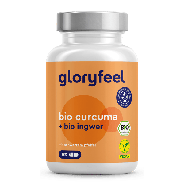 Gloryfeel GmbH Bio Curcuma + Bio Ingwer Kapseln, vegan und bio, mit schwarzem Pfeffer; 180 Kapseln pro Flasche.