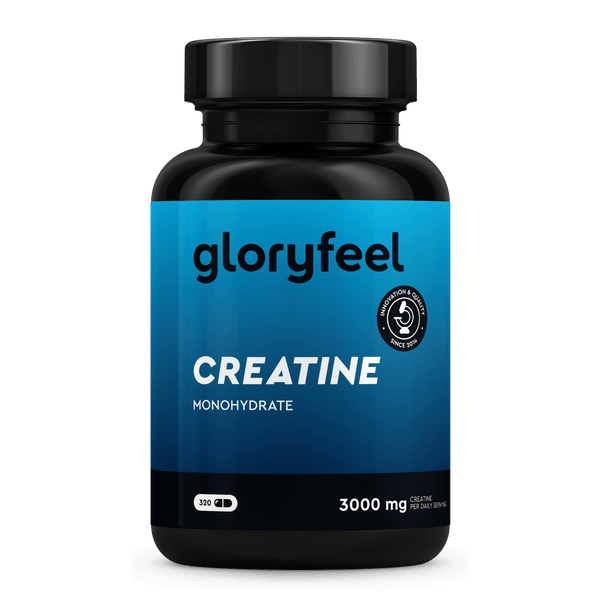 Eine schwarze Plastikflasche mit der Aufschrift "gloryfeel GmbH Kreatin Kapseln", die 320 Tabletten mit 3000 mg pro Portion enthält. Das blaue Etikett hebt die essentiellen Aminosäuren mit weißem und schwarzem Text hervor und sorgt für ein schlankes, informatives Erscheinungsbild.