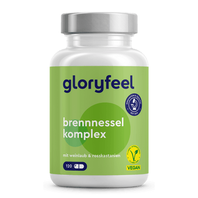 Eine 120er-Flasche Brennnessel Kapseln der gloryfeel GmbH, vegan und angereichert mit Weinblatt und Rosskastanie.