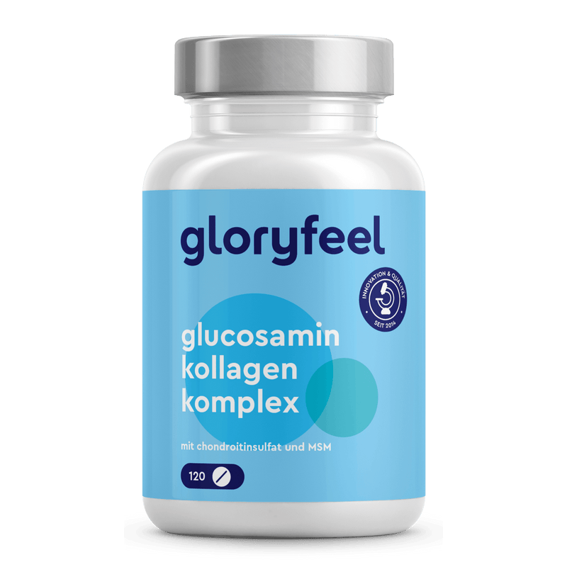 Eine weiße Kunststoffflasche mit silbernem Verschluss und blauem Design mit der Aufschrift „Glucosamin Komplex“ der gloryfeel GmbH, die 120 Kapseln enthält.