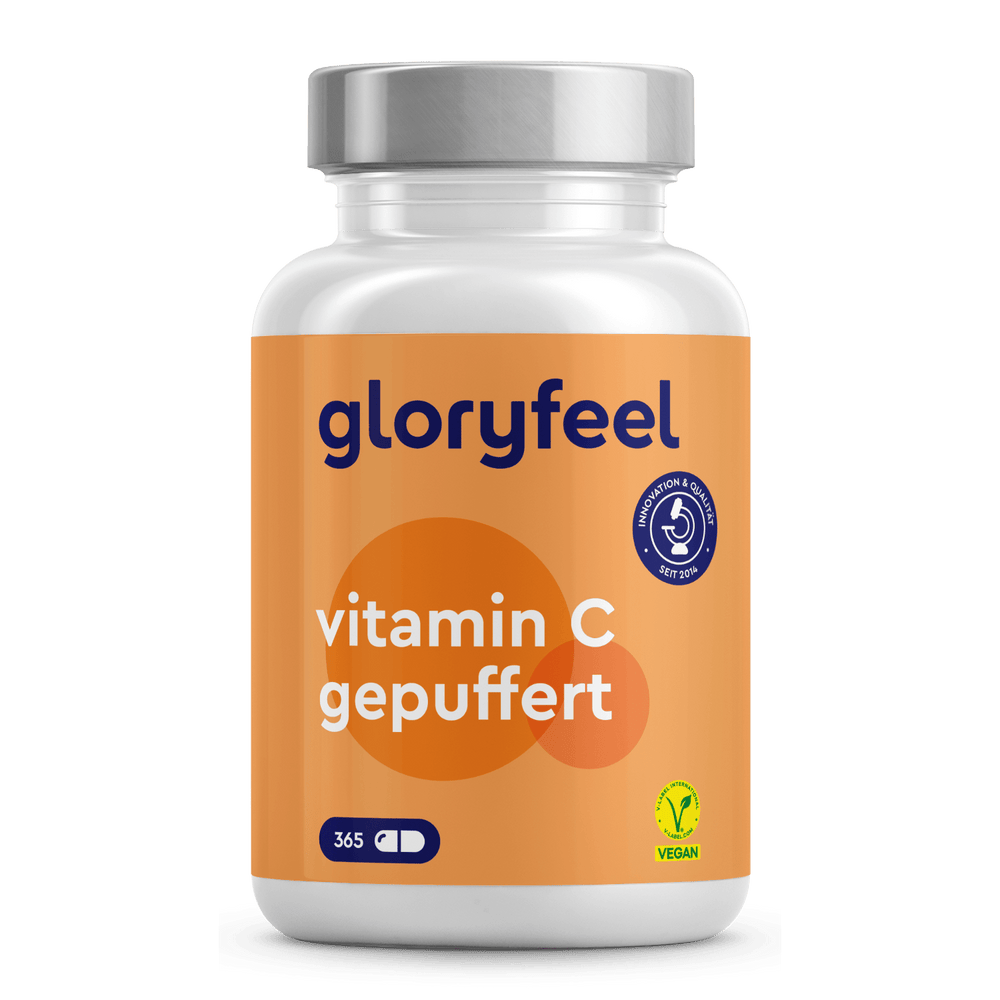 Eine Flasche Vitamin C Kapseln gepuffert der gloryfeel GmbH mit 365 veganen Kapseln, versehen mit einem orangefarbenen Etikett.