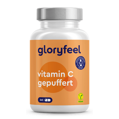 Eine Flasche Vitamin C Kapseln gepuffert der gloryfeel GmbH mit 365 veganen Kapseln, versehen mit einem orangefarbenen Etikett.