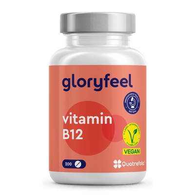 Eine Flasche Vitamin B12 Tabletten der gloryfeel GmbH mit 200 veganen Kapseln, auf der Vorderseite mit Qualitäts- und Zertifizierungslogos.