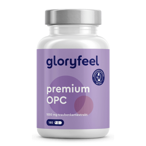 Eine Flasche gloryfeel GmbH Premium OPC 180 Kapseln mit lila Etikett enthält 180 Kapseln mit 1050 mg Traubenkernextrakt.