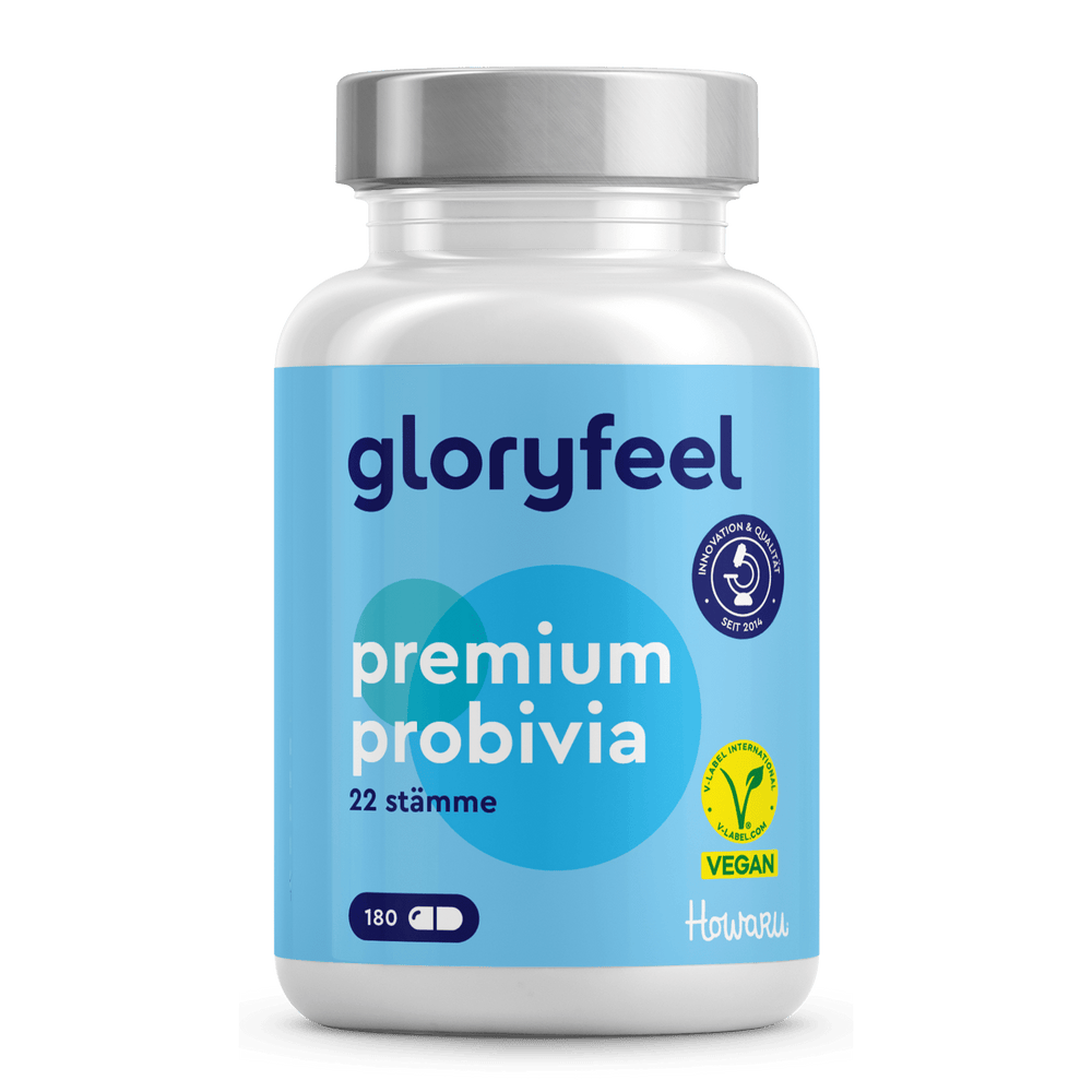 Eine Flasche Probivia HOWARU® Kapseln von gloryfeel GmbH, vegan und zertifiziert, mit 22 lebenden Bakterienstämmen und 180 Kapseln - blau-weißes Etikett. Ideal zur Unterstützung Ihrer Darmflora.