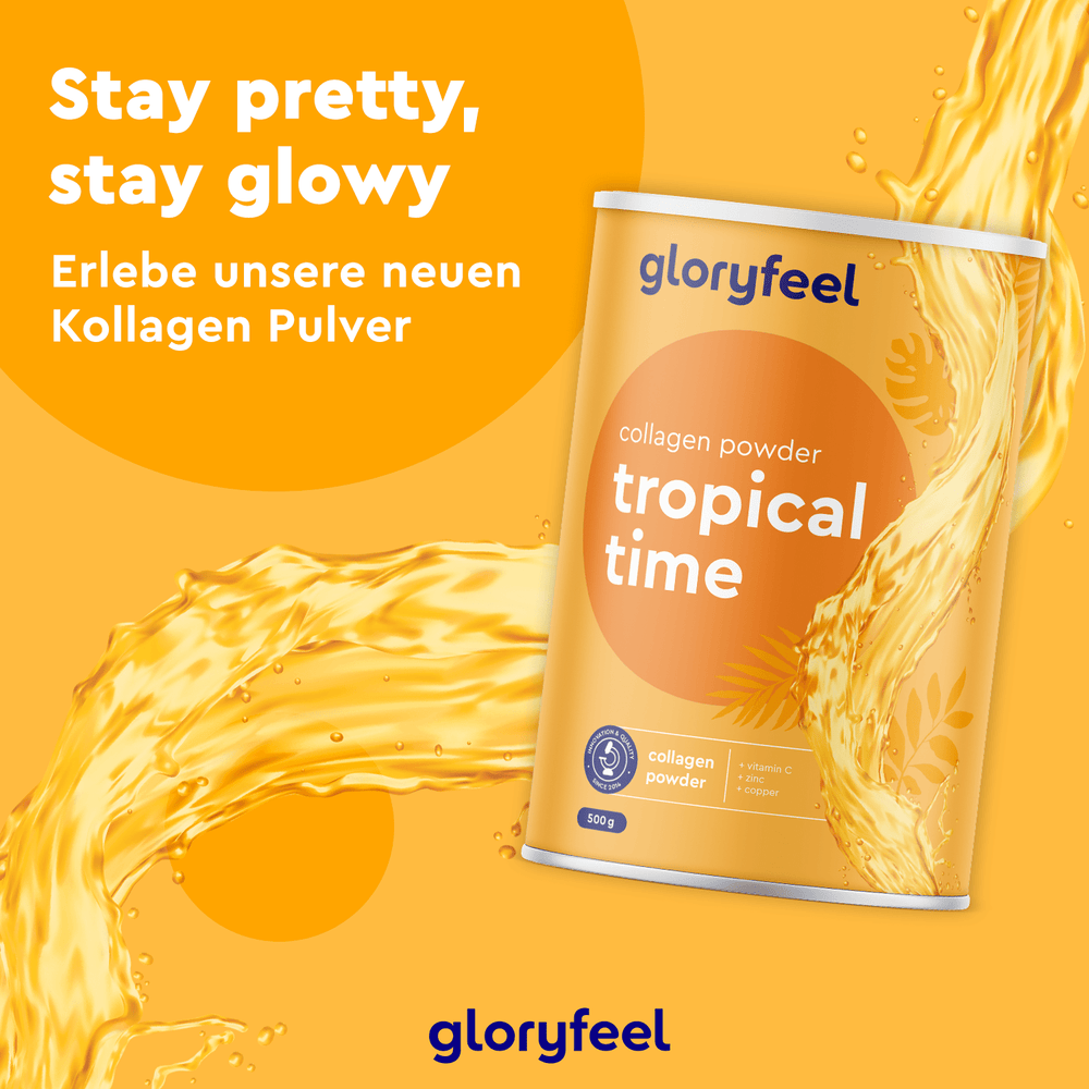 Orangefarbenes Bild mit dem Kollagen Pulver „Tropical Time“ der „gloryfeel GmbH“. Text: „Bleiben Sie schön und strahlend. Probieren Sie unser neues Kollagenpulver mit Hyaluronsäure.“.