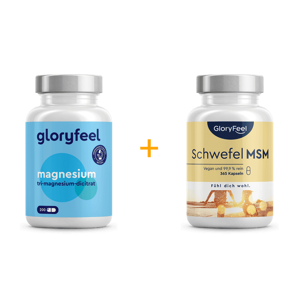 Two supplement bottles: one labeled "Tri-Magnesium Dicitrat" and the other "MSM," placed side by side with a plus sign between them.