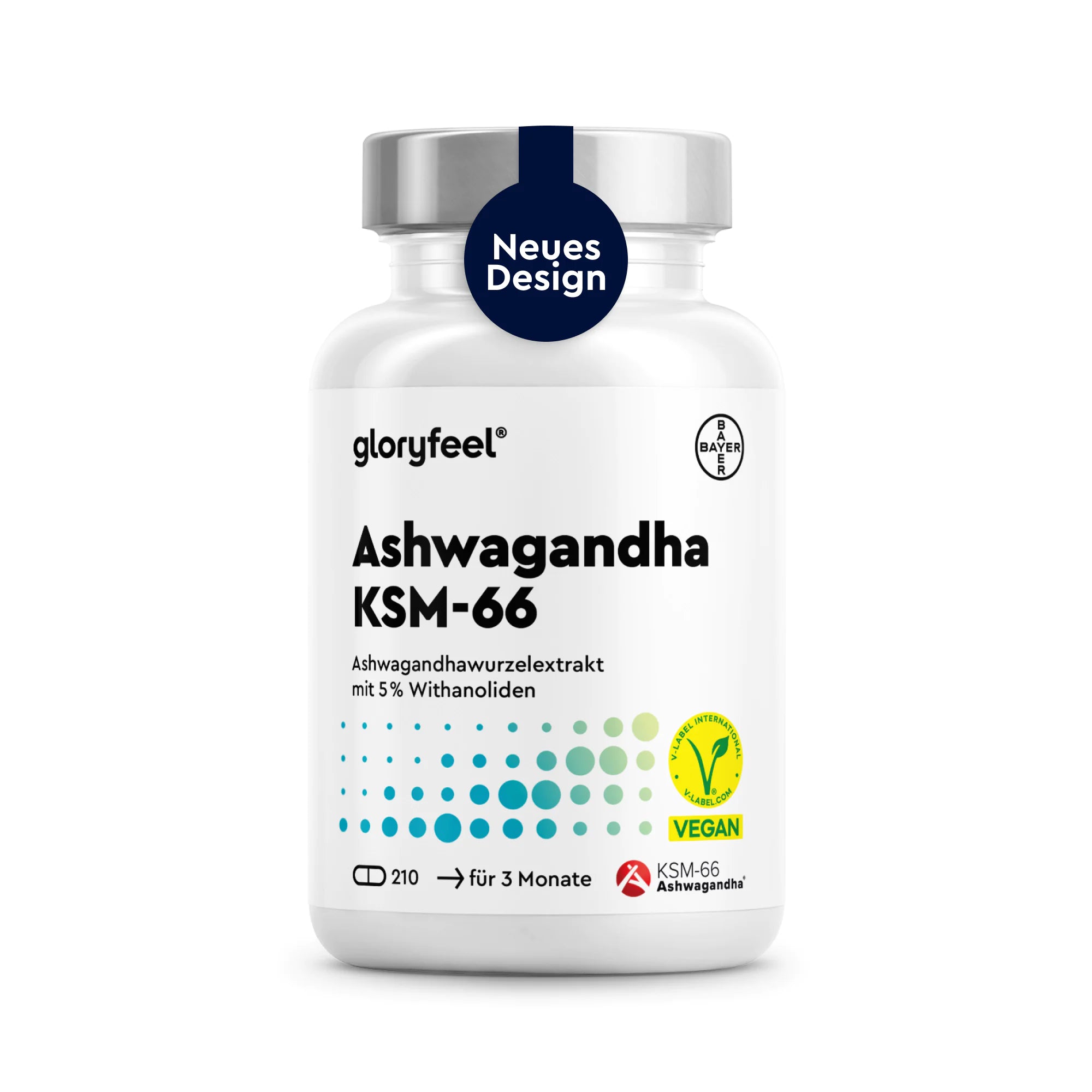 Weiße Flasche mit „Gloryfeel Ashwagandha KSM-66®“-Kapseln, als vegan gekennzeichnet, mit 210 Kapseln für einen Vorrat von drei Monaten und einem Aufkleber im neuen Design auf dem Verschluss.