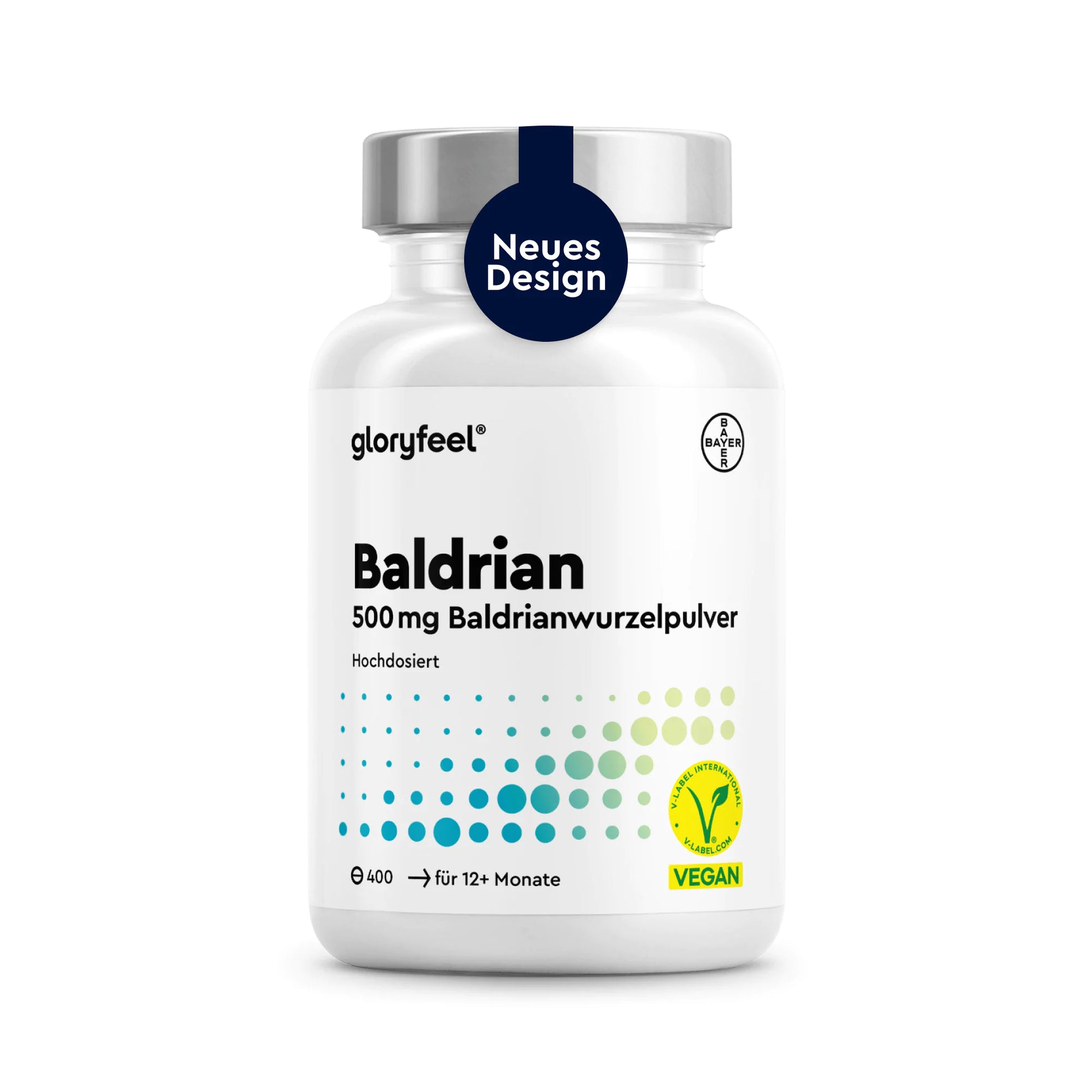 Weiße Flasche mit der Aufschrift „Baldrian Tabletten“ von GLORYFEEL, versehen mit den Aufklebern „vegan“ und „Neues Design“; enthält 400 Tabletten für Personen ab 12 Jahren.