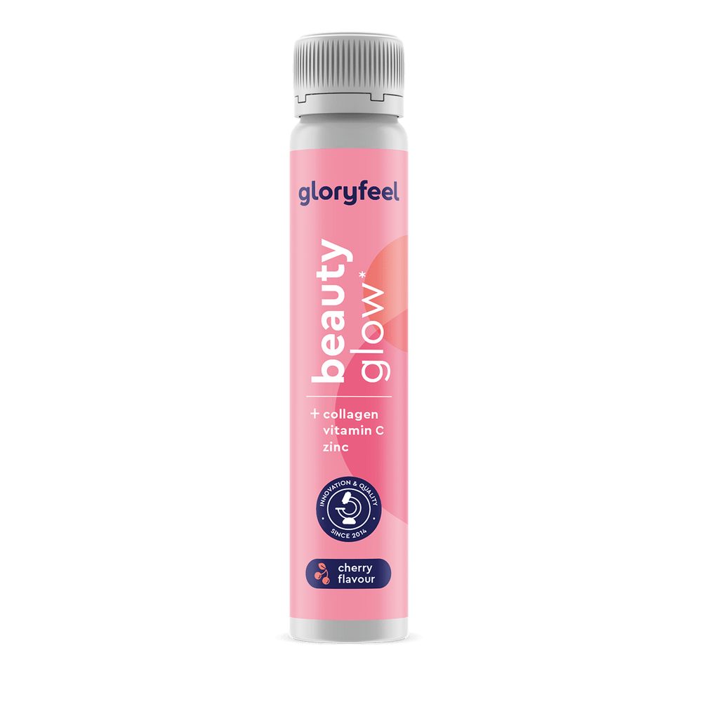 Eine rosa Tube mit Kirschgeschmack und der Aufschrift „Kollagen Ampullen Beauty“ der gloryfeel GmbH enthält zusätzlich Kollagen, Vitamin C und Zink.