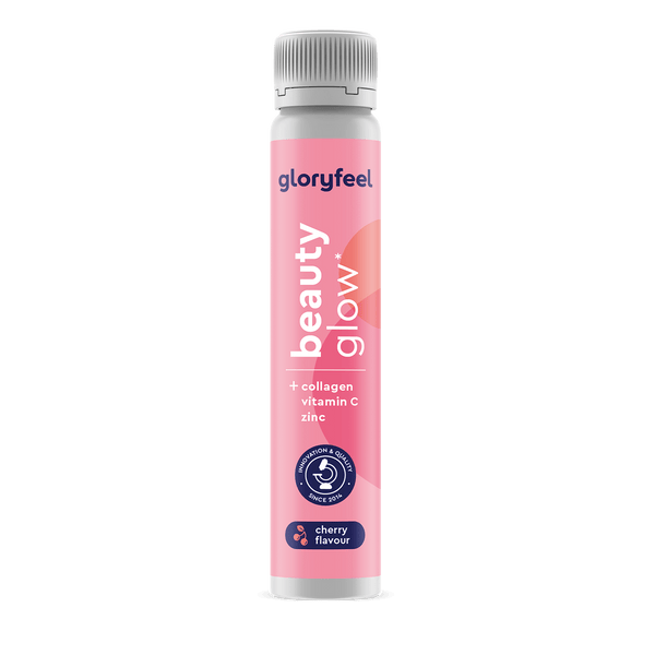 Eine rosa Tube mit Kirschgeschmack und der Aufschrift „Kollagen Ampullen Beauty“ der gloryfeel GmbH enthält zusätzlich Kollagen, Vitamin C und Zink.