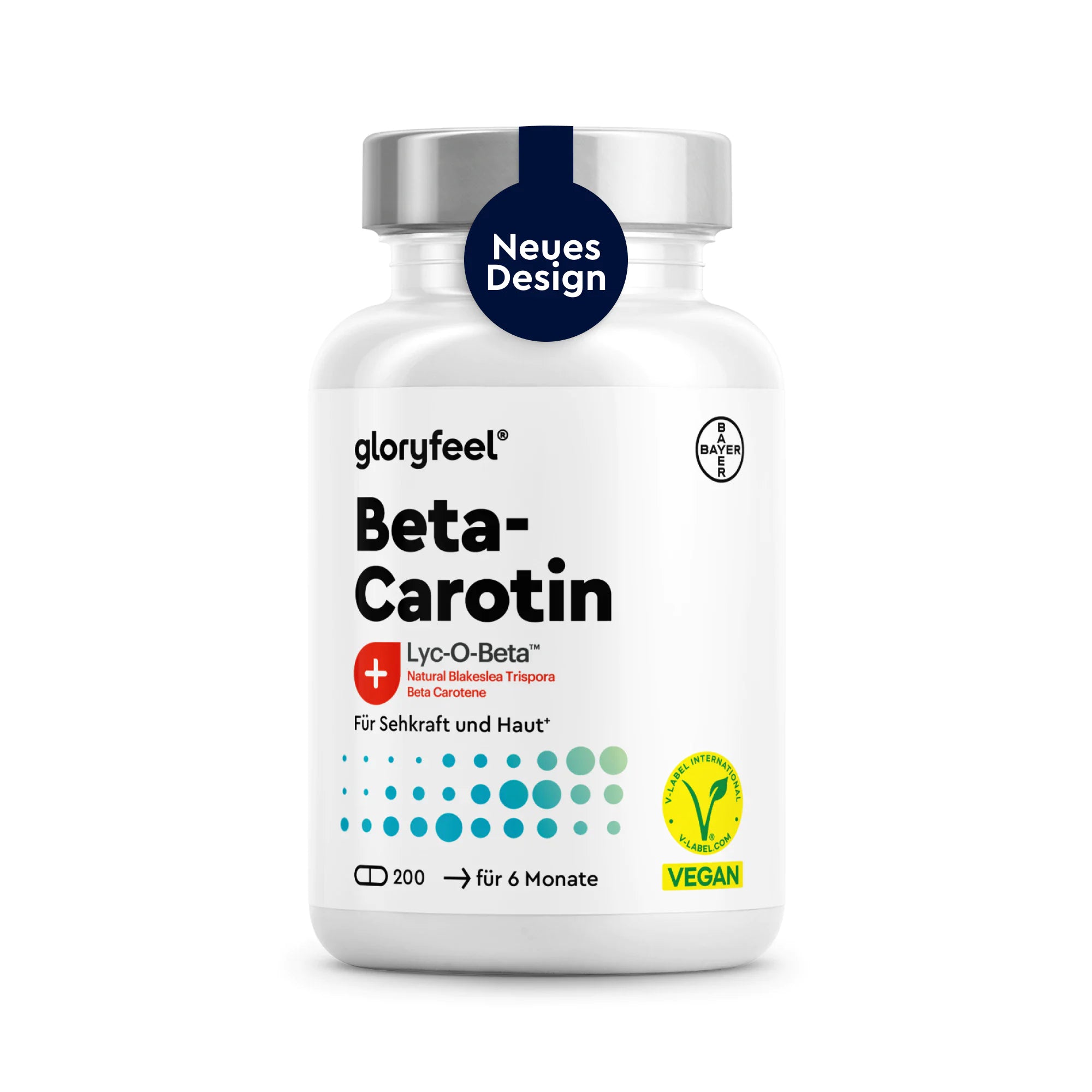 Eine Flasche GLORYFEEL Beta-Carotin-Kapseln – ein Nahrungsergänzungsmittel mit veganem Label, das zur Unterstützung der Sehkraft und der Haut entwickelt wurde. Das Produkt präsentiert sich in einem weißen Design mit einem blauen Verschluss und dem Schriftzug „Neues Design“.