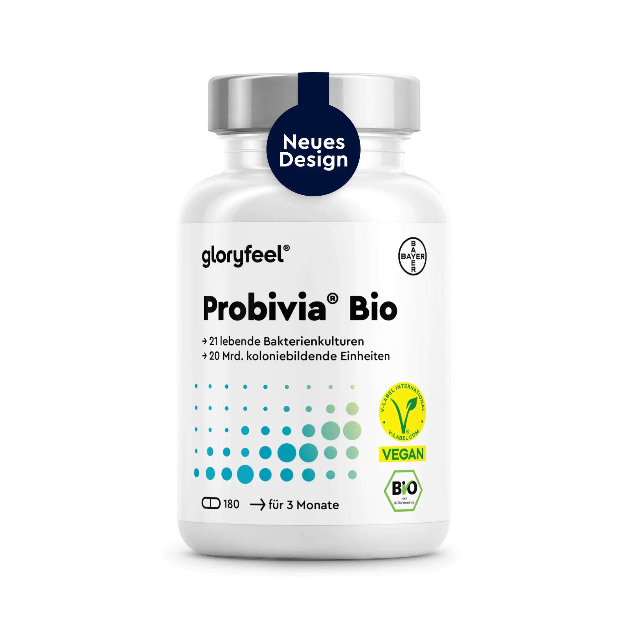 Auf dem Etikett der weißen Flasche mit GLORYFEEL Probivia Bio-Kapseln werden die Begriffe „Probiotika“, „vegan“, „Bio“ und „neues Design“ hervorgehoben. Die Flasche enthält 180 Kapseln, was einem Vorrat für 3 Monate entspricht.
