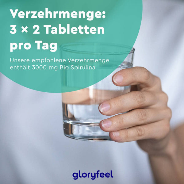 Eine Hand hält ein Glas Wasser mit einem überlagerten deutschen Text über die empfohlene Tagesdosis von Bio Spirulina Tabletten, einem Nahrungsergänzungsmittel der Marke gloryfeel GmbH.