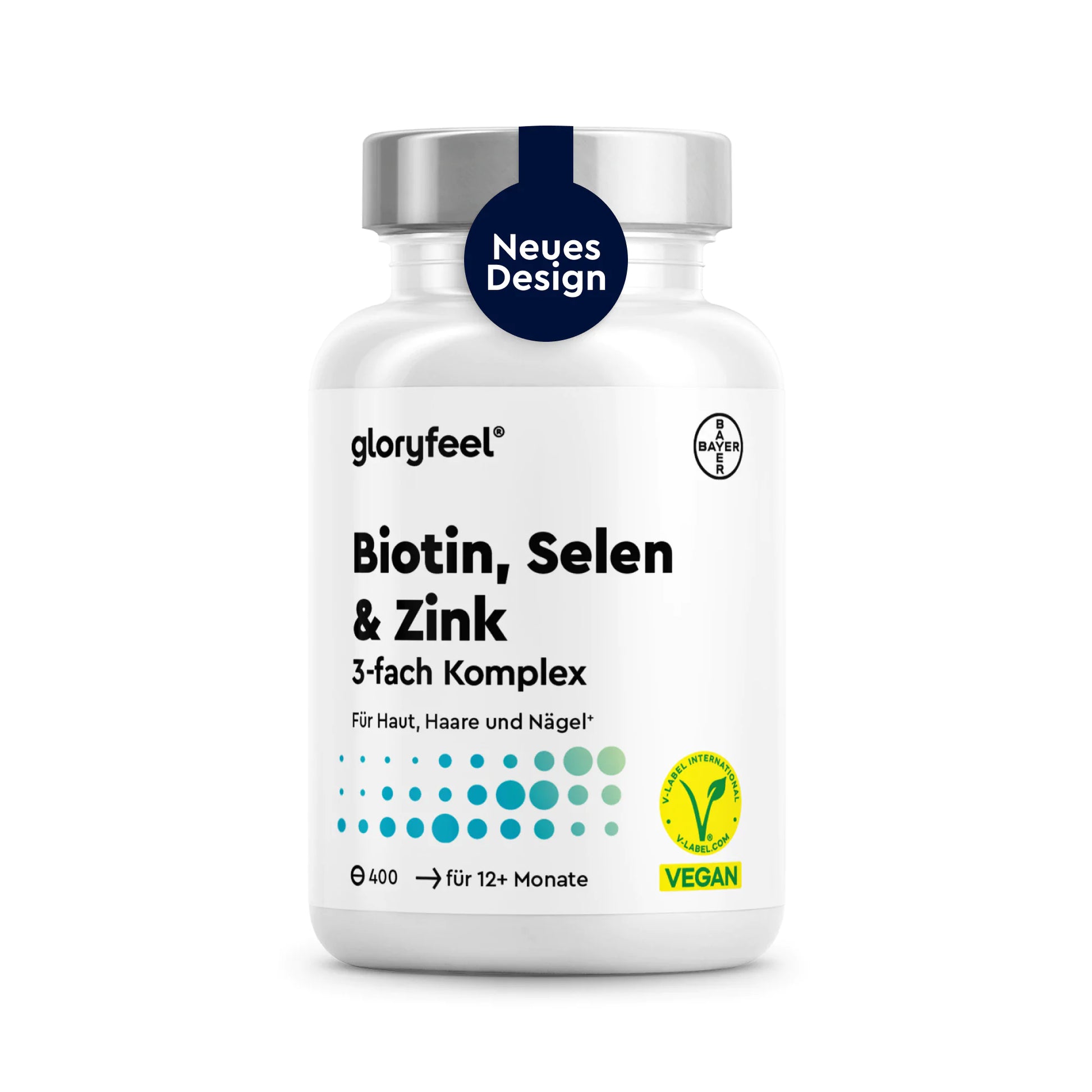 Eine weiße Flasche GLORYFEEL Biotin + Selen + Zink Tabletten mit 400 veganen Kapseln, geeignet für Personen ab 12 Jahren, ist am Verschluss mit einem Aufkleber „New Design“ versehen.