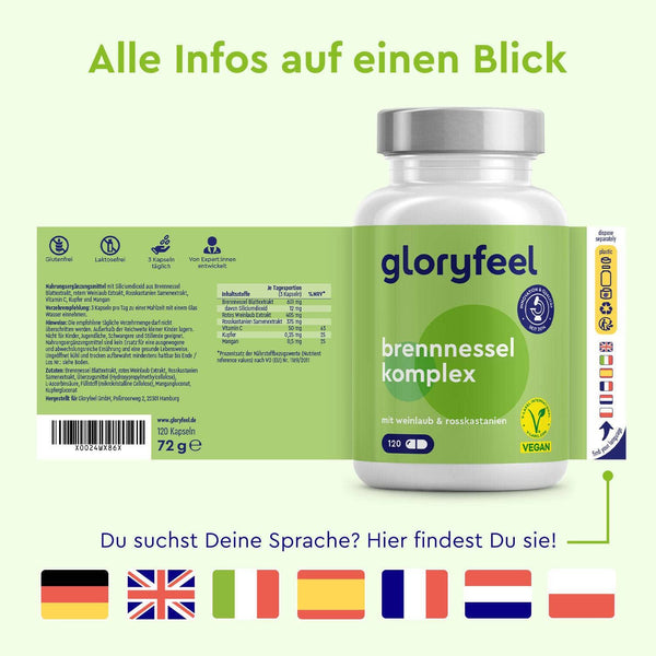 Eine Flasche Brennnessel-Kapseln der gloryfeel GmbH mit deutschem Etikett, Vegan- und Qualitätssymbolen sowie europäischen Flaggen als Sprachoptionen.