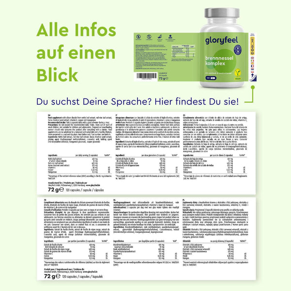 Informationsblatt und Flasche für das Nahrungsergänzungsmittel Brennnessel-Kapseln der gloryfeel GmbH mit Anweisungen und Einzelheiten in mehreren Sprachen.