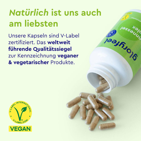 Auf einer Flasche mit der Aufschrift „Brennnessel Kapseln“ der gloryfeel GmbH sind neben braunen Kapseln auch ein Text zur veganen V-Label-Zertifizierung und ein gelbes veganes V-Label-Siegel zu sehen.