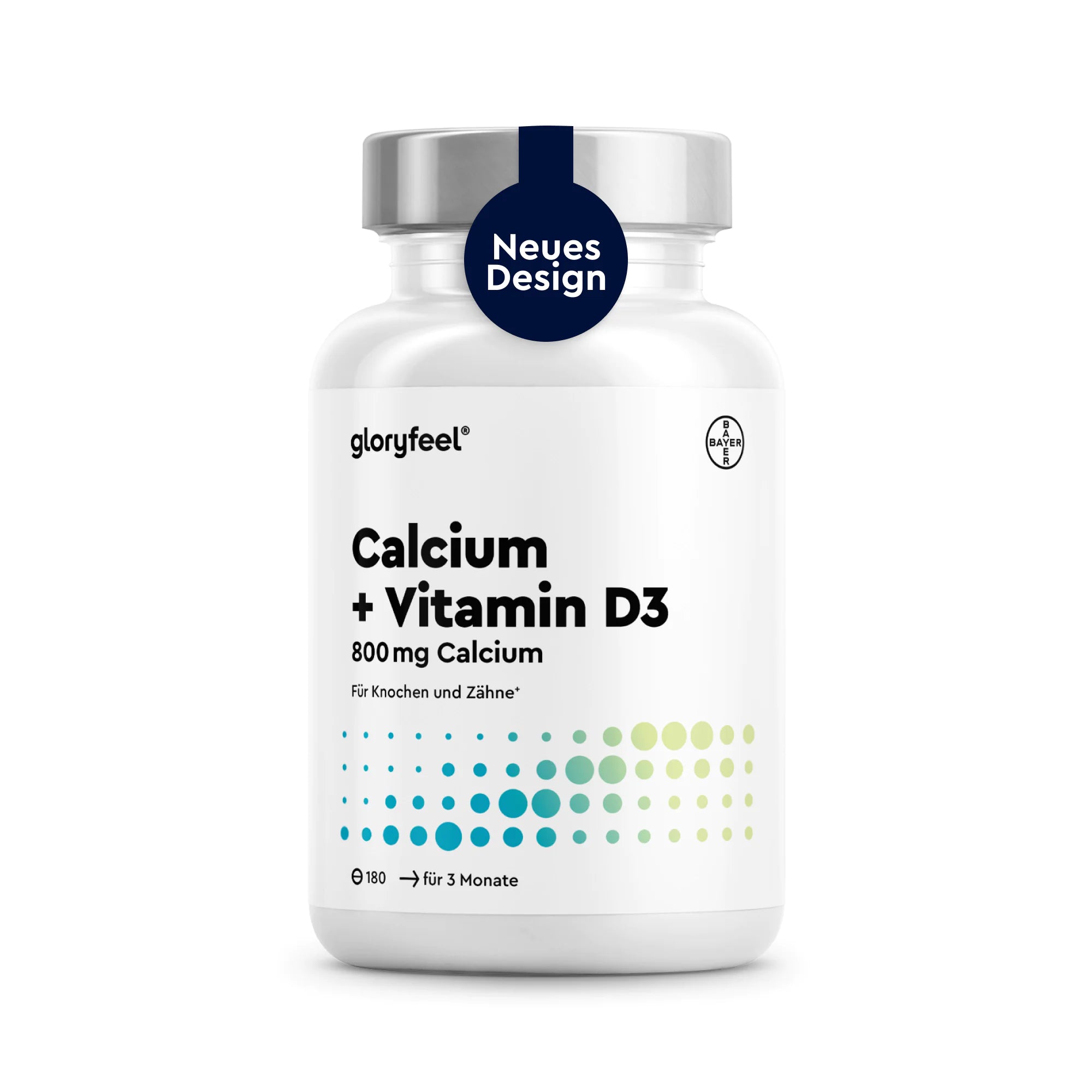 Eine weiße Flasche mit der Aufschrift „Calcium + Vitamin D3 Tabletten“ von GLORYFEEL enthält 180 Tabletten, was einem Vorrat für 3 Monate entspricht. Auf einem blauen Aufkleber steht „Neues Design“.
