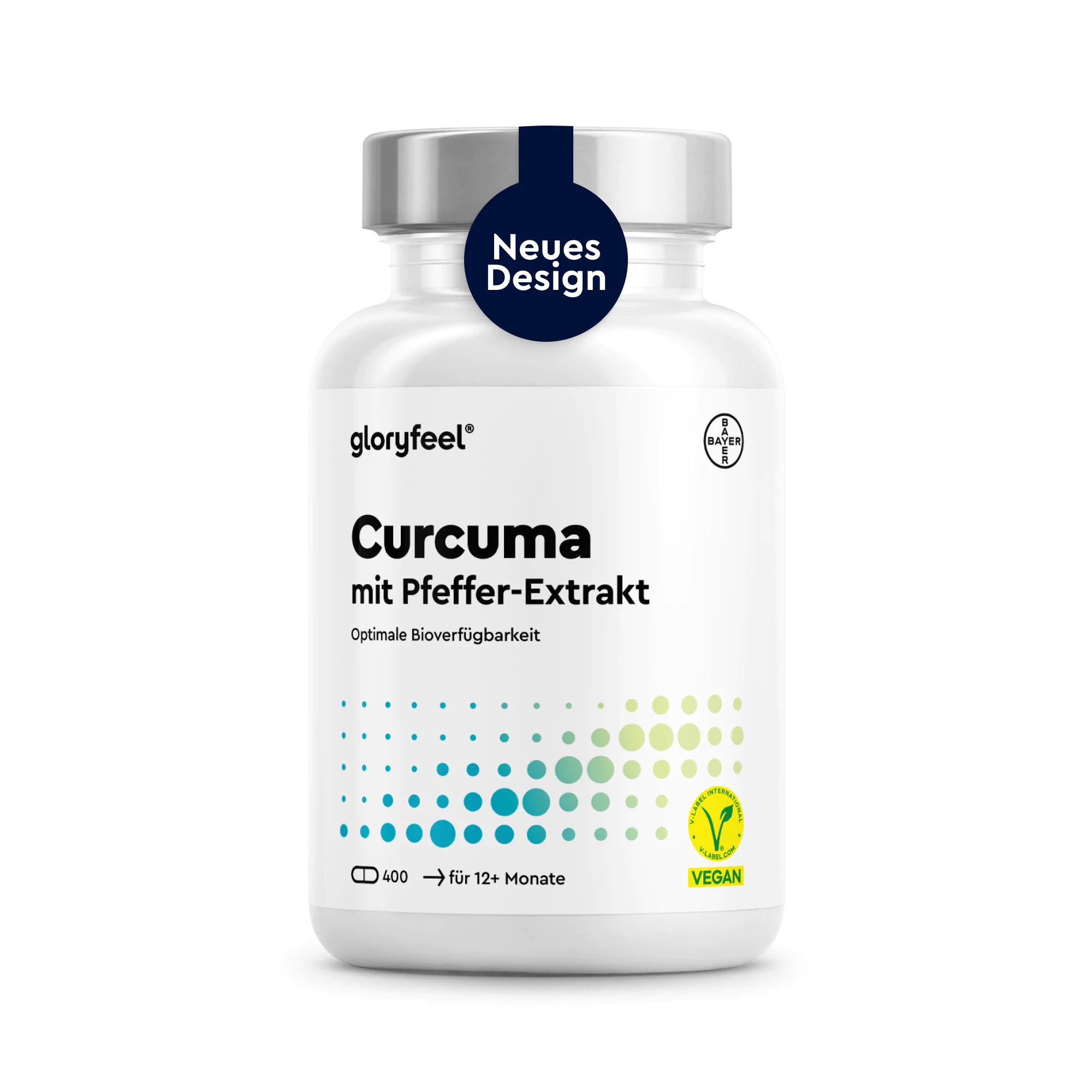 Eine weiße Flasche GLORYFEEL Curcuma-Kapseln mit Pfefferextrakt, die als vegan gekennzeichnet ist und 400 Kapseln enthält, ist mit einem blauen Etikett versehen, auf dem auf Deutsch „Neues Design“ steht.