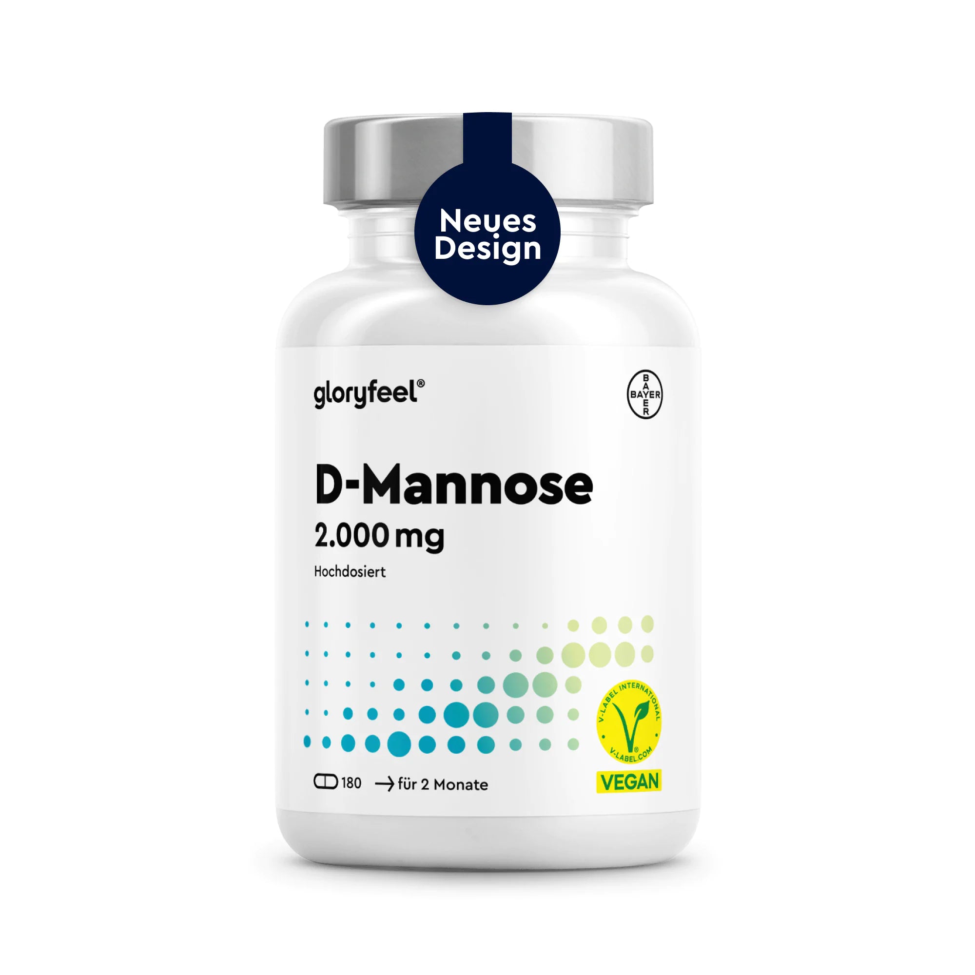 Eine weiße Flasche mit der Aufschrift „GLORYFEEL D-Mannose Kapseln 2.000 mg“, die 180 vegane Tabletten enthält und auf deren Deckel ein Etikett mit der Aufschrift „Neues Design“ angebracht ist.