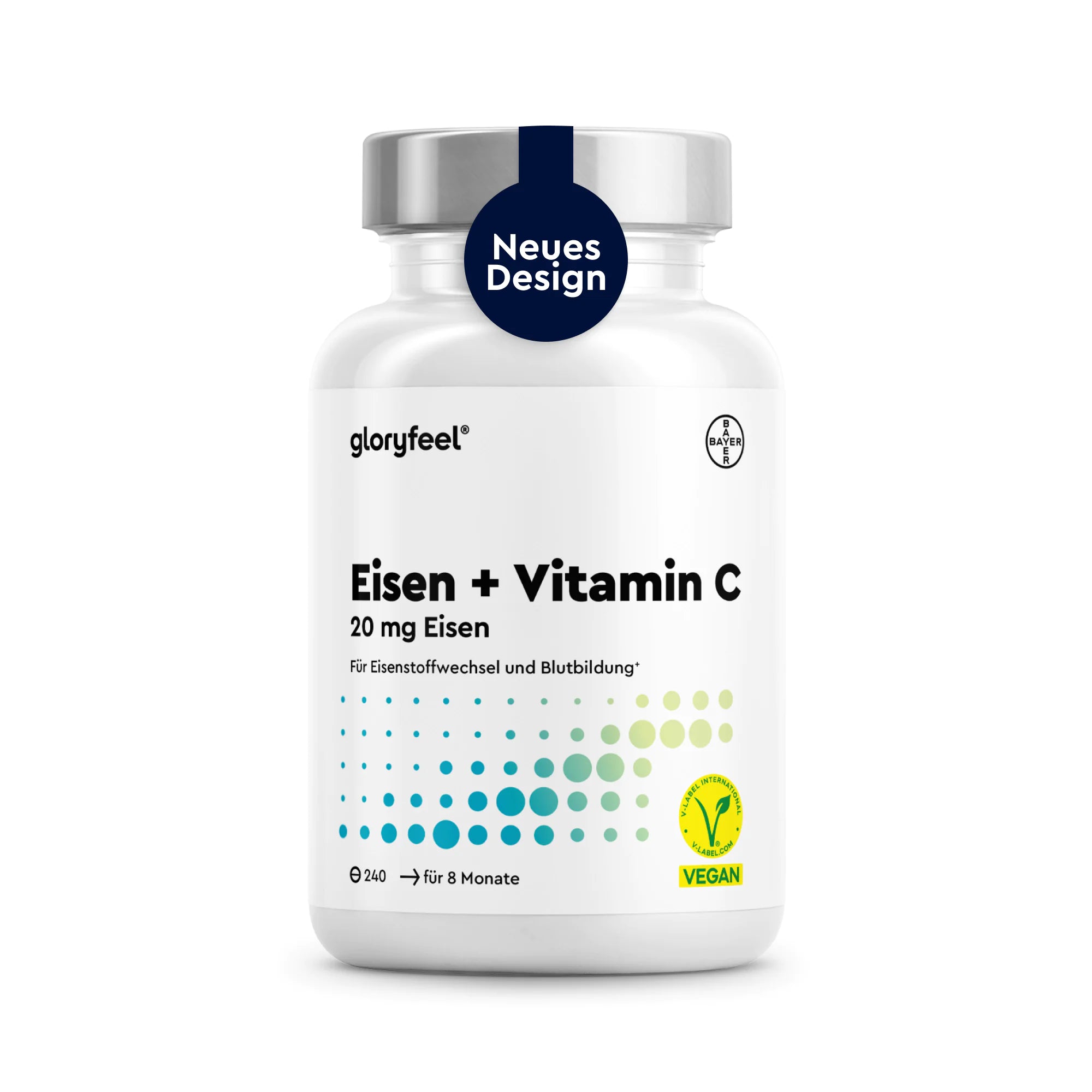 Eine weiße Flasche „gloryfeel Eisen + Vitamin C Tabletten“ mit 240 veganen Tabletten, versehen mit einem Etikett mit der Aufschrift „Neues Design“ und einem grün-blauen Punktmuster im unteren Bereich.