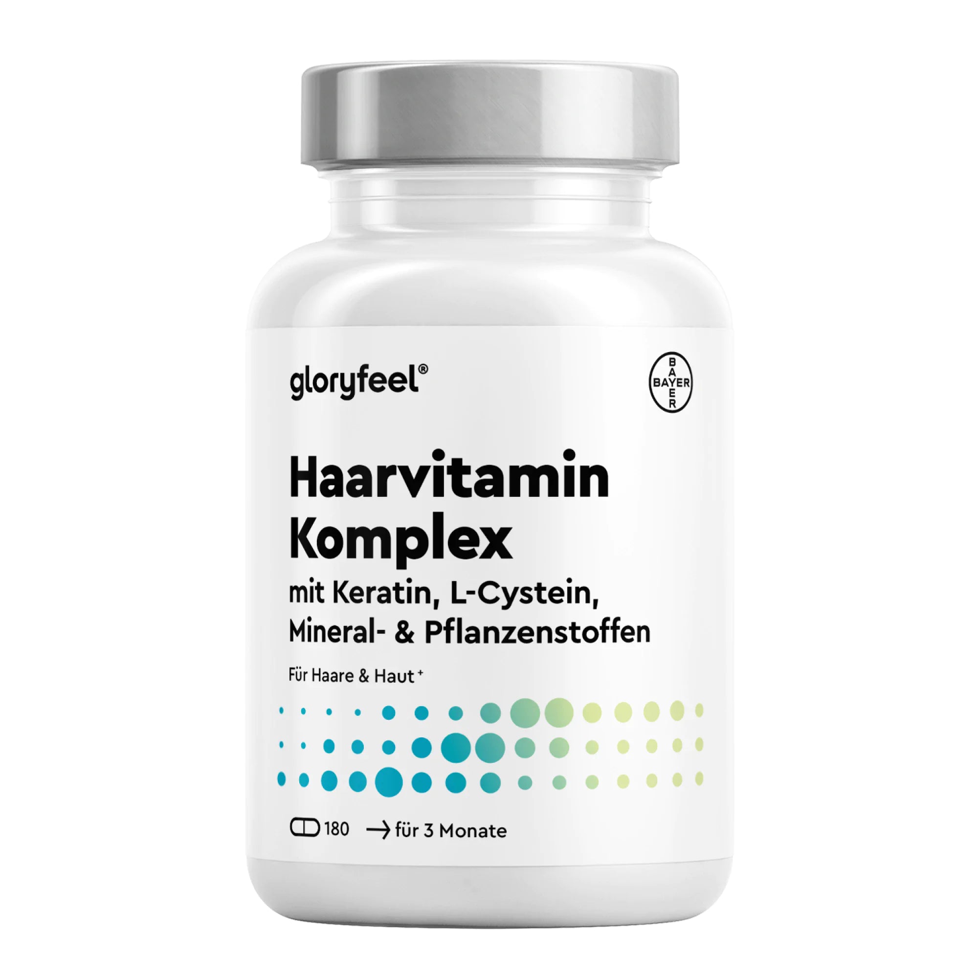 Weiße Flasche „Haarvitamine Kapseln“ von GLORYFEEL, enthält 180 Kapseln mit Keratin, L-Cystein, Mineralstoffen und Pflanzenextrakten für Haar und Haut.