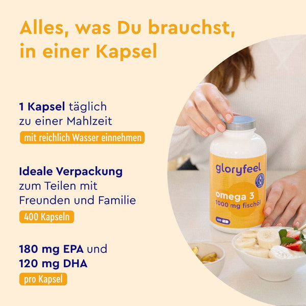 Eine Person hält eine Flasche Omega 3 Kapseln der gloryfeel GmbH neben einem Frühstückstisch, auf der Produktangaben und Dosierungshinweise in deutscher Sprache abgebildet sind.