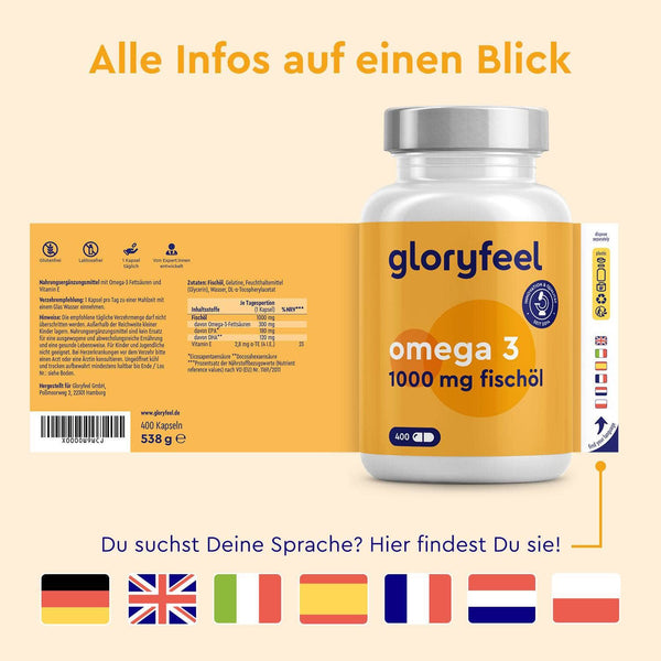 Eine Flasche gloryfeel GmbH Omega 3 Kapseln wird mit Verpackung, Produktetikett und mehreren Länderflaggen darunter gezeigt, die verschiedene Sprachoptionen anzeigen.