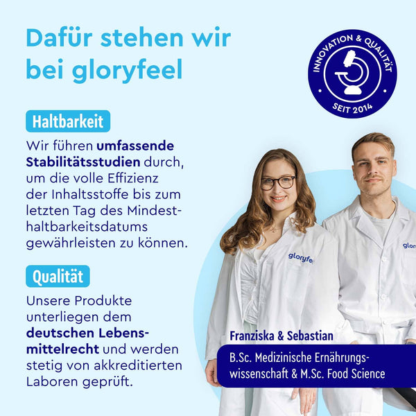 Zwei Personen in Laborkitteln stehen neben einem Text, der das Engagement der gloryfeel GmbH für Haltbarkeit und Qualität des Glucosamin-Komplexes hervorhebt, mit einem Schild mit der Aufschrift „Innovation &amp; Qualität seit 2014“.