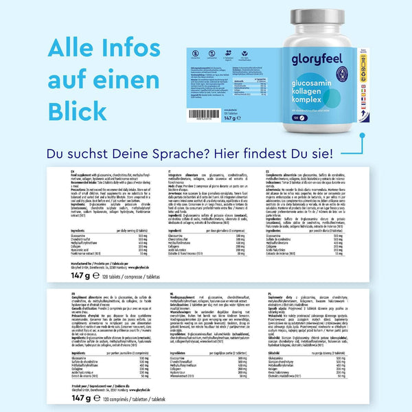 Etikett und Verpackung für Glucosamin Komplex von gloryfeel GmbH mit Nährwertangaben und mehrsprachiger Gebrauchsanweisung, die unten angezeigt werden.