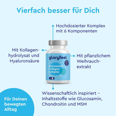 Eine Flasche Glucosamin Komplex der gloryfeel GmbH wird ausgestellt, mit einem Text, der die Inhaltsstoffe und Vorteile hervorhebt, wie etwa Kollagen, Hyaluronsäure und sechs essentielle Komponenten.