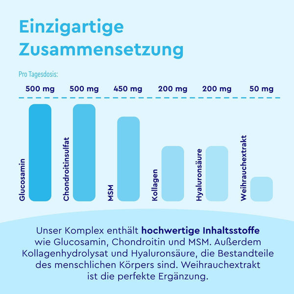 Balkendiagramm mit den Tagesdosen im Glucosamin Komplex (gloryfeel GmbH): Glucosamin 500 mg, Chondroitinsulfat 500 mg, MSM 450 mg, Kollagen 200 mg, Hyaluronsäure 200 mg, Weihrauchextrakt 55 mg.