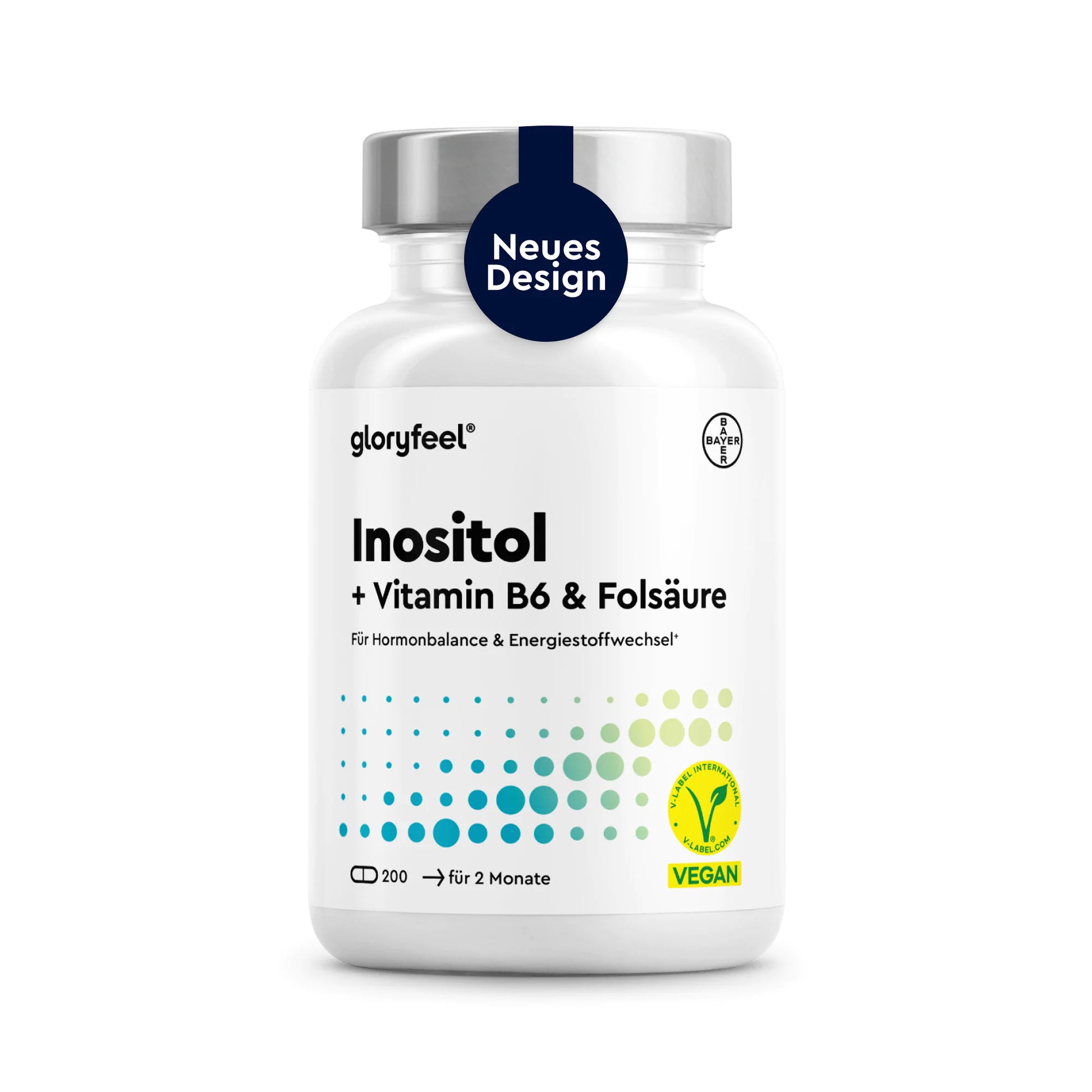Weiße Flasche mit GLORYFEEL Inositol-Kapseln mit Vitamin B6 und Folsäure, als vegan gekennzeichnet, zur Unterstützung des Hormonhaushalts und des Energiestoffwechsels. Oben ist das Abzeichen „Neues Design“ zu sehen. Enthält 200 Kapseln.