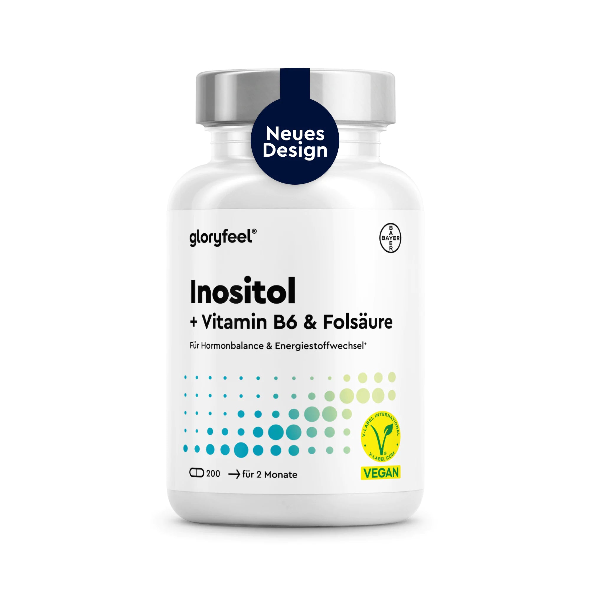 Weiße Flasche mit GLORYFEEL Inositol-Kapseln mit Vitamin B6 und Folsäure, als vegan gekennzeichnet, zur Unterstützung des Hormonhaushalts und des Energiestoffwechsels. Oben ist das Abzeichen „Neues Design“ zu sehen. Enthält 200 Kapseln.