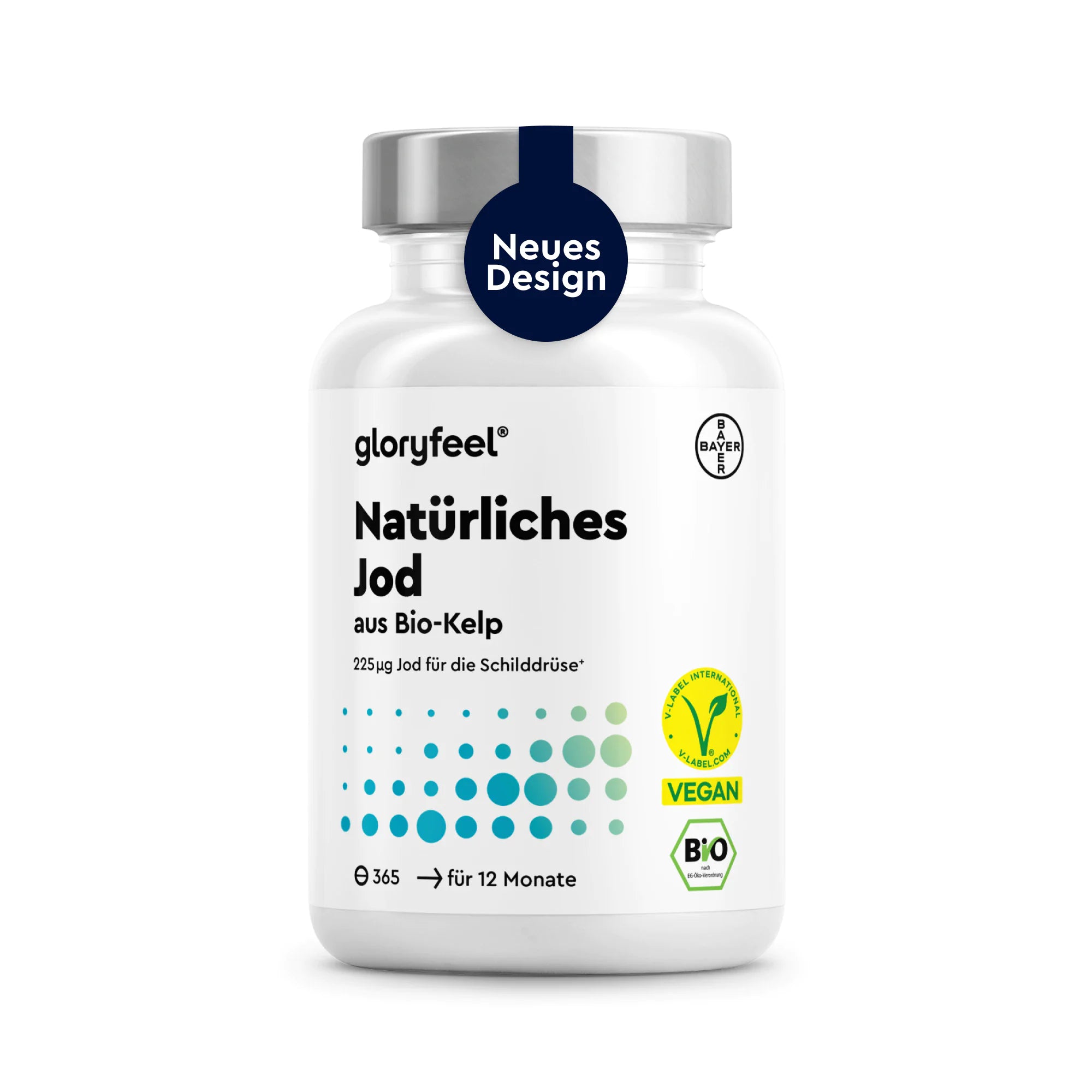 Eine weiße Flasche mit der Aufschrift „Jod Tabletten“ von GLORYFEEL, versehen mit Vegan- und Bio-Symbolen sowie einem blauen Aufkleber mit der Aufschrift „Neues Design“.