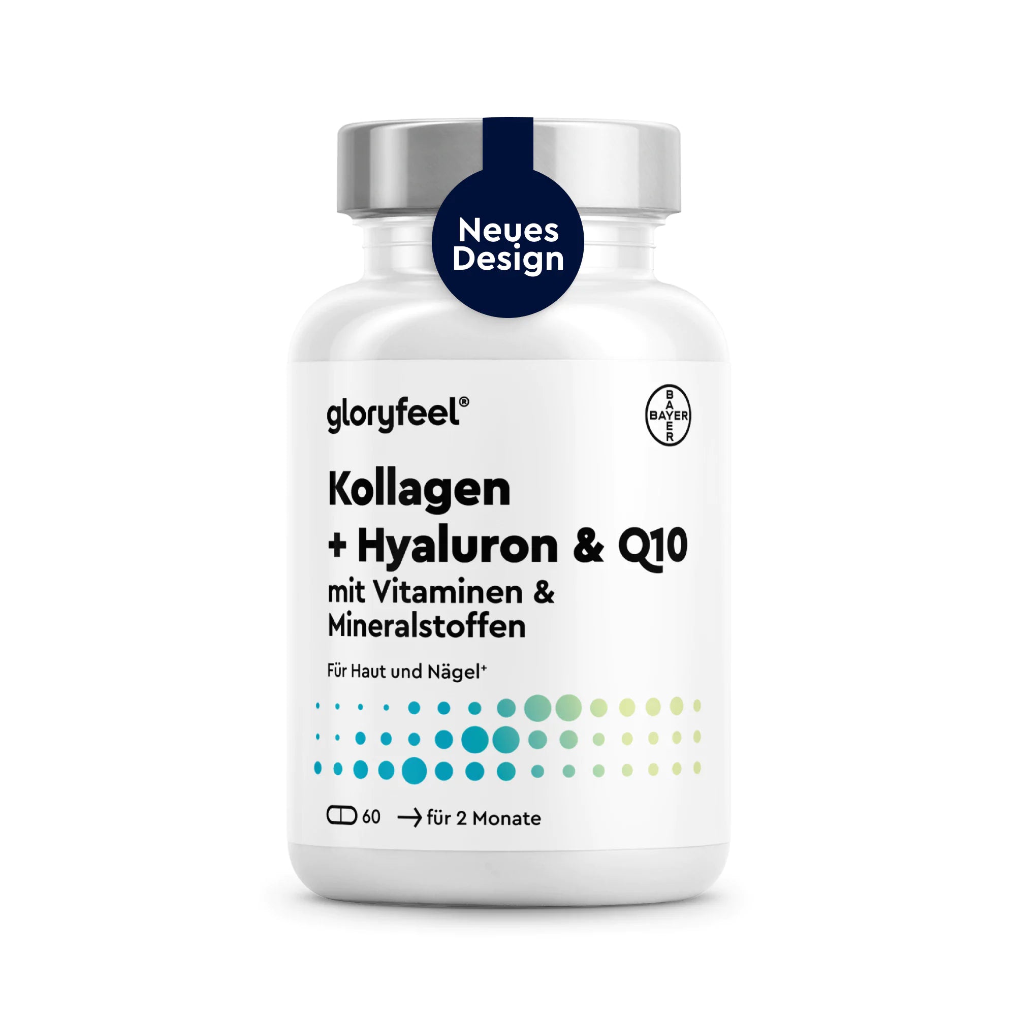 Weiße Flasche mit der Aufschrift „Kollagen + Hyaluron + Q10 Kapseln“ von gloryfeel, mit 60 Kapseln (Vorrat für zwei Monate), auf dem Deckel mit dem Vermerk „Neues Design“.