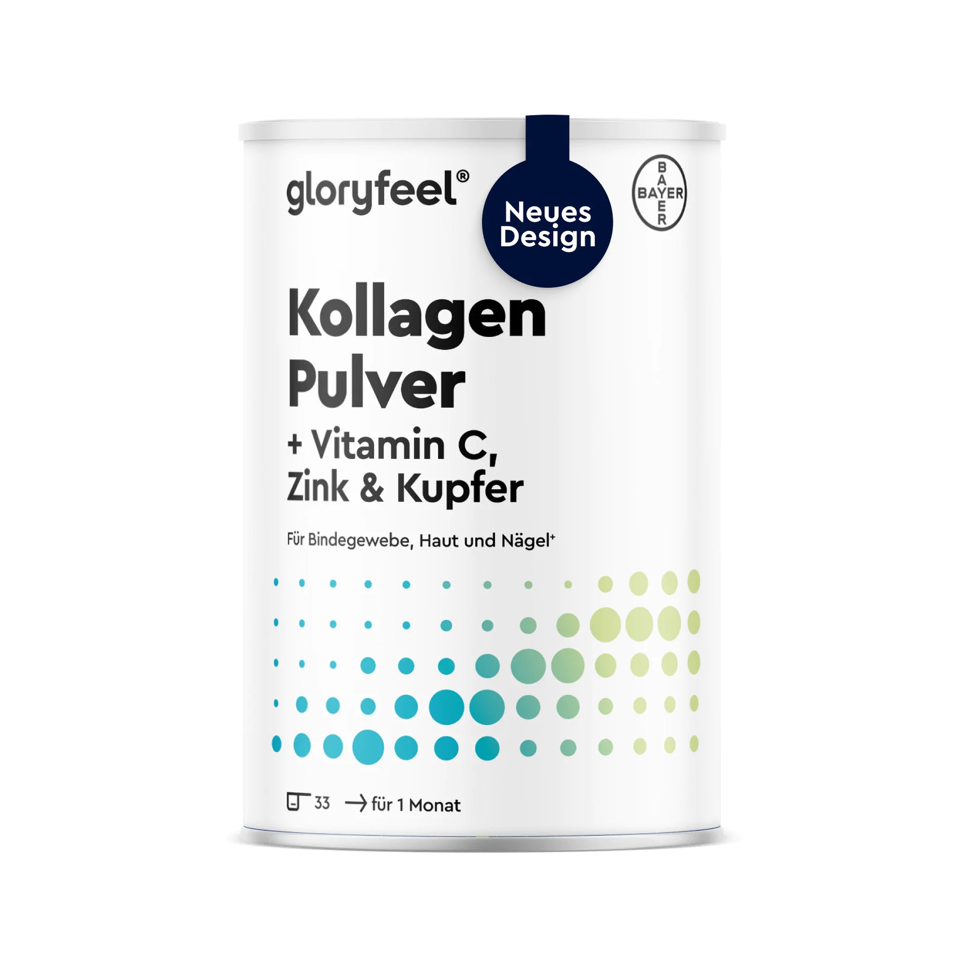 Eine weiße Dose mit GLORYFEEL-Kollagenpulver mit Vitamin C, Zink und Kupfer für Bindegewebe, Haut und Nägel. Oben sind der Schriftzug „Neues Design“ und das Bayer-Logo abgebildet.