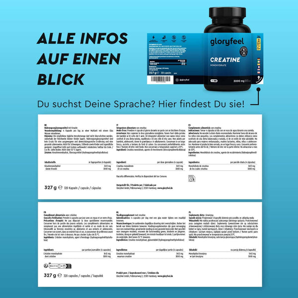 Produktinformationsblatt und Ergänzungsflasche für gloryfeel GmbH Kreatin Kapseln, mit deutschen und mehrsprachigen Angaben auf blauem Hintergrund. Text hebt BCAA (verzweigtkettige Aminosäuren) Informationen in verschiedenen Sprachen hervor.