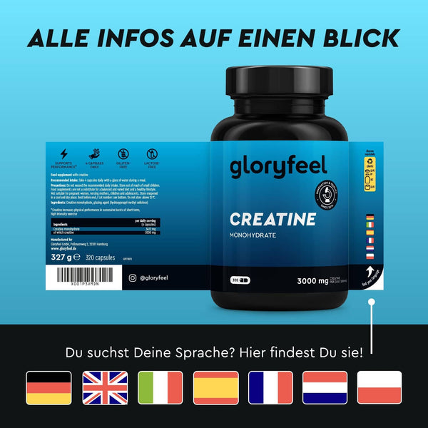 Eine schwarze Flasche mit blauem Etikett von gloryfeel GmbH, die Kreatin Kapseln für optimale Ernährung und essentielle Aminosäuren enthält.