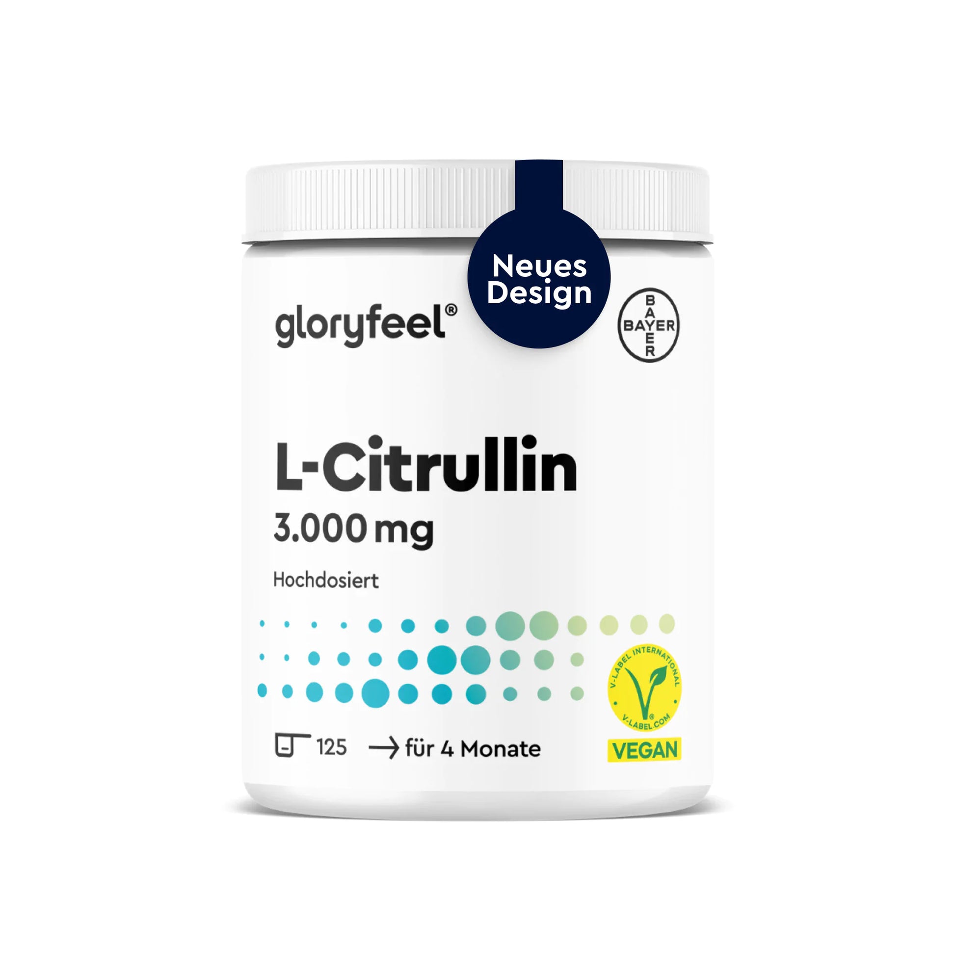 Weiße Dose mit GLORYFEEL L-Citrullin-Pulver, 3.000 mg pro Portion, mit einem Etikett „Neues Design“ und dem Vegan-Symbol, mit 125 Portionen – ausreichend für 4 Monate.