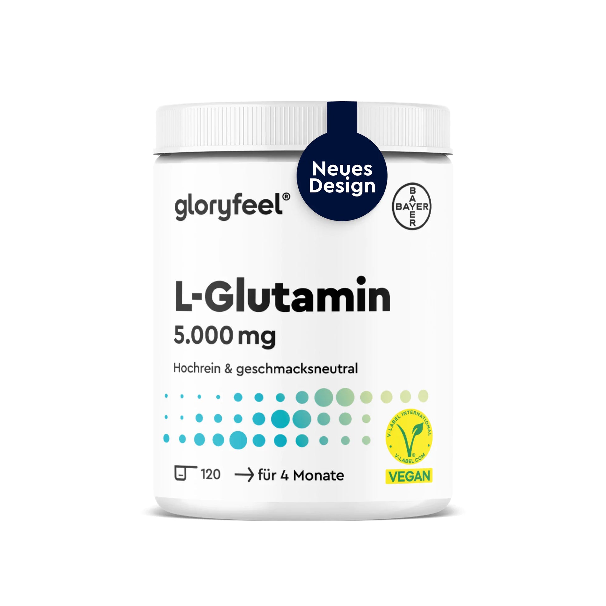 Ein weißer Behälter mit GLORYFEEL L-Glutamin-Pulver, versehen mit den Aufschriften „vegan“, „neutraler Geschmack“ und „120 Portionen für 4 Monate“.