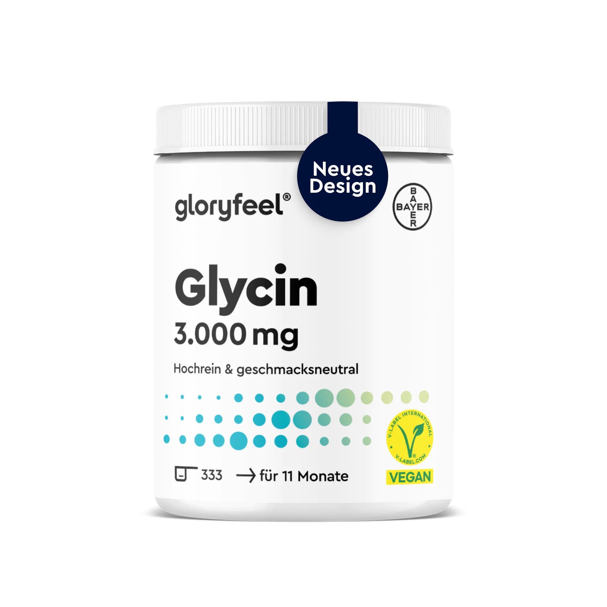 Weißer Behälter mit GLORYFEEL L-Glycin-Pulver, versehen mit einem Etikett mit der Aufschrift „Neues Design“, dem Vegan-Symbol und einem deutschen Text, der auf hohe Reinheit und einen Vorrat für 11 Monate hinweist.