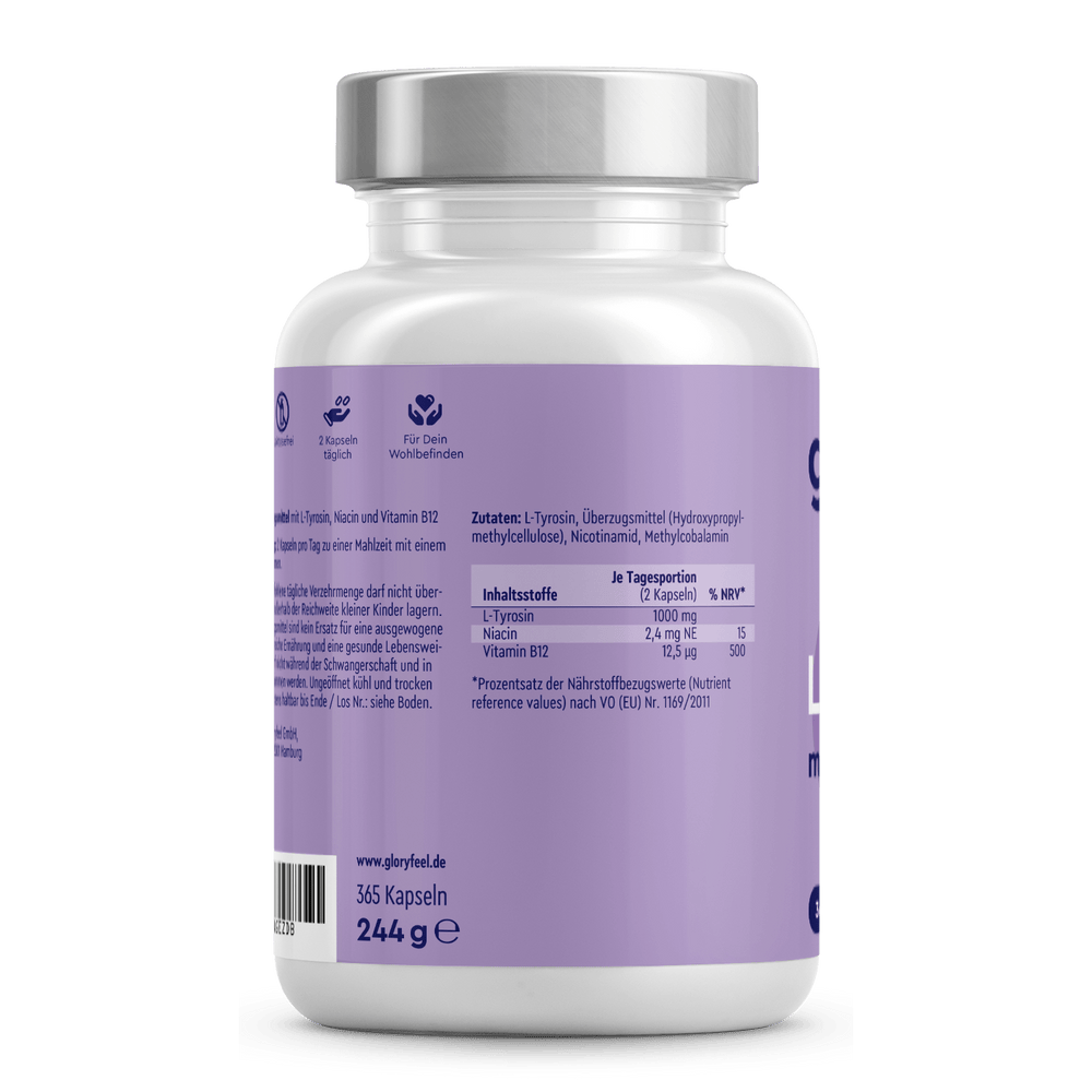 Die L-Tyrosin Kapseln der gloryfeel GmbH sind eine weiße Flasche mit violettem Etikett für Nahrungsergänzungsmittel und Nährwertangaben. Sie enthalten 365 Kapseln mit einem Gewicht von 244 Gramm.