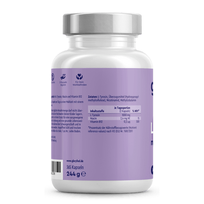Die L-Tyrosin Kapseln der gloryfeel GmbH sind eine weiße Flasche mit violettem Etikett für Nahrungsergänzungsmittel und Nährwertangaben. Sie enthalten 365 Kapseln mit einem Gewicht von 244 Gramm.