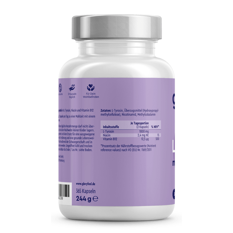 Die L-Tyrosin Kapseln der gloryfeel GmbH sind eine weiße Flasche mit violettem Etikett für Nahrungsergänzungsmittel und Nährwertangaben. Sie enthalten 365 Kapseln mit einem Gewicht von 244 Gramm.