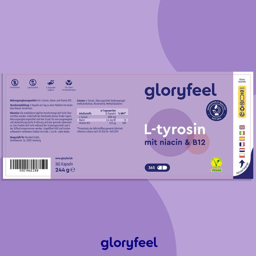 Etikett einer Nahrungsergänzungsmittelflasche der gloryfeel GmbH mit L-Tyrosin-Kapseln mit Niacin und B12. Das violette Design enthält Nährwertangaben sowie Symbole, die Qualität und Veganismus bescheinigen.