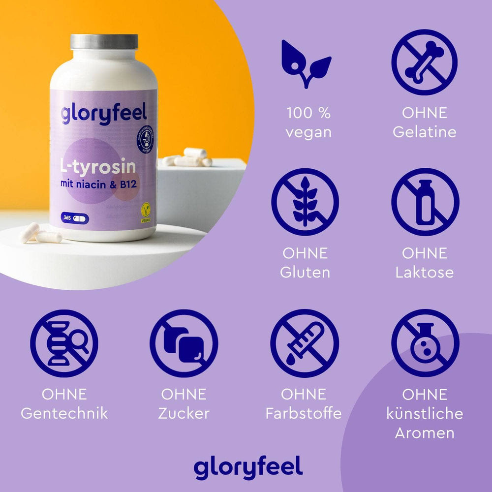 Auf einer Flasche L-Tyrosin-Kapseln der gloryfeel GmbH sind Symbole abgebildet, die darauf hinweisen, dass das Produkt vegan und frei von Gelatine, Gluten, Laktose, GVO, Zucker, künstlichen Farb- und Geschmacksstoffen ist.