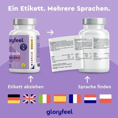 Zwei Flaschen „L-Tyrosin Kapseln“ der gloryfeel GmbH sind mehrsprachig beschriftet. Links ist die Vorderseite, rechts das ausführliche Innenetikett abgebildet. Verschiedene Flaggen stehen für die Sprachauswahl.