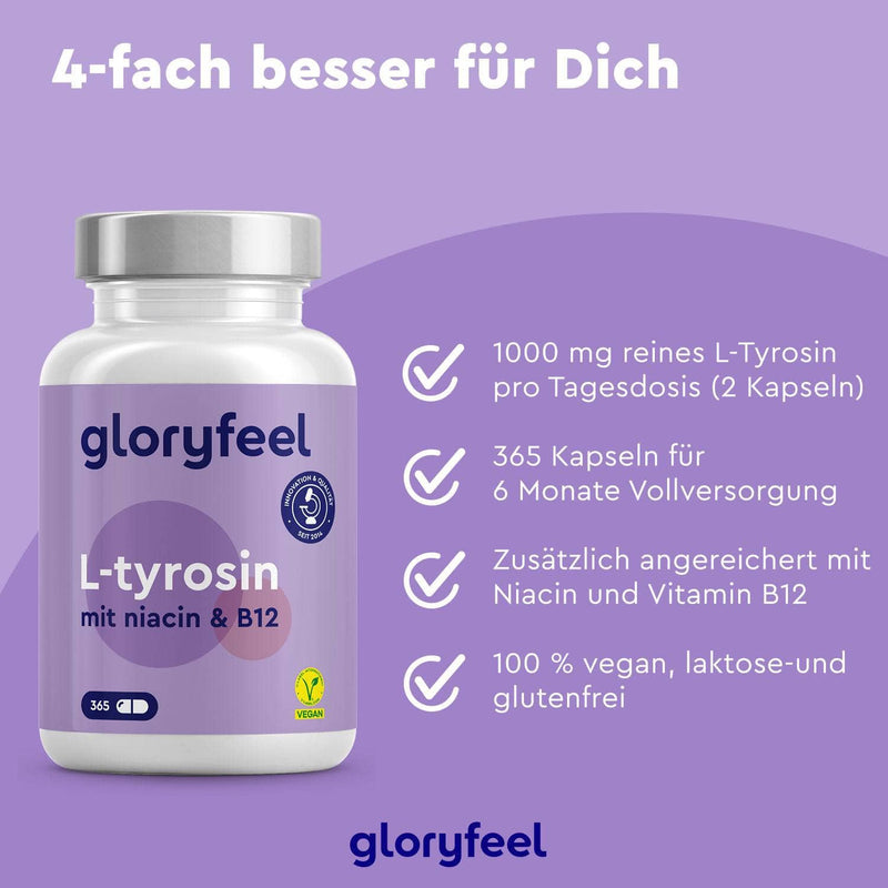 Die L-Tyrosin Kapseln der gloryfeel GmbH sind ein veganes, laktosefreies Nahrungsergänzungsmittel mit Niacin und Vitamin B12 für einen 6-Monatsvorrat. Der deutsche Text hebt die Vorteile und Eigenschaften hervor.